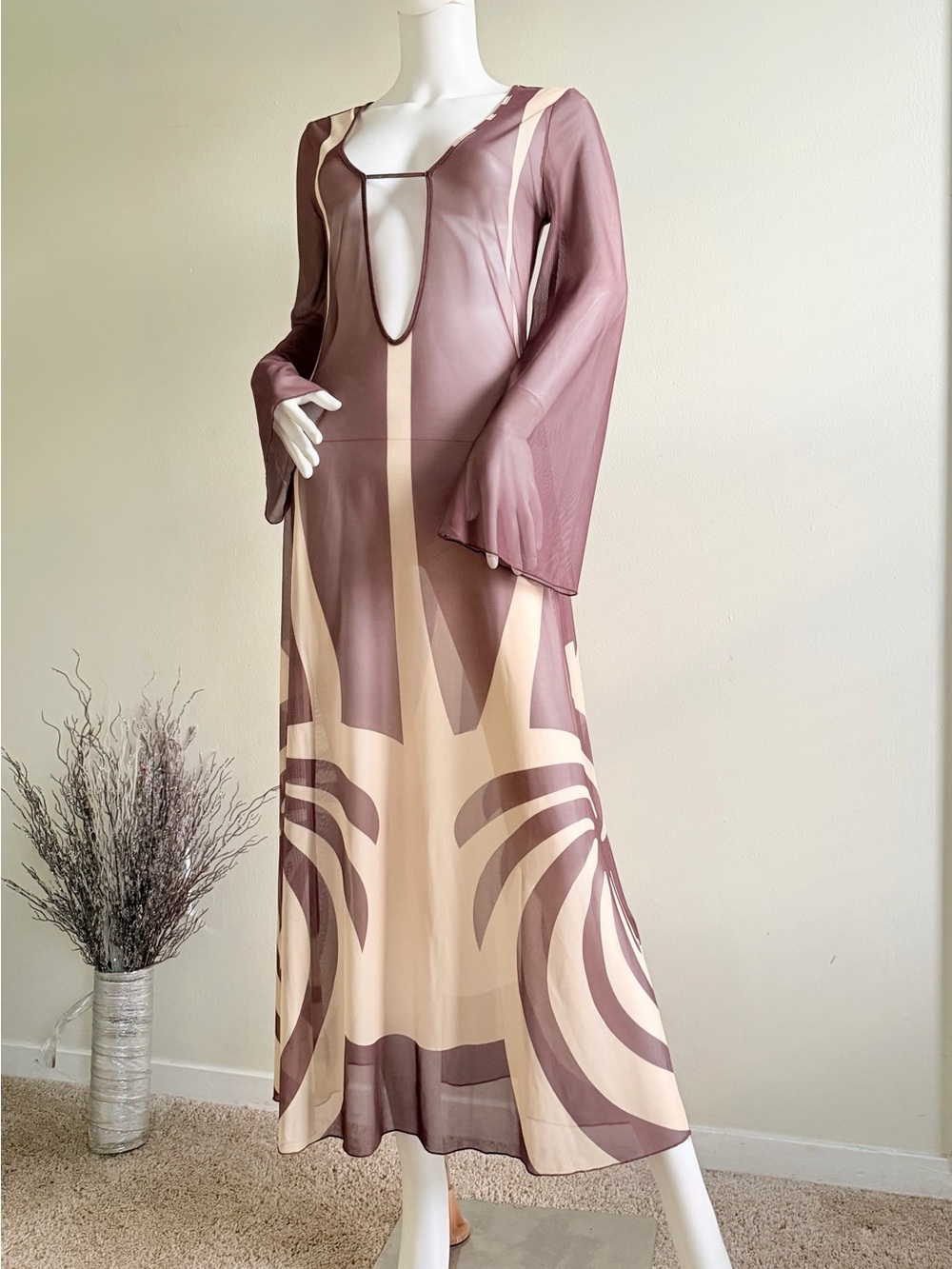 Caroline Constas Mauve & Cream Sheer Long Sleeve Maxi Dress